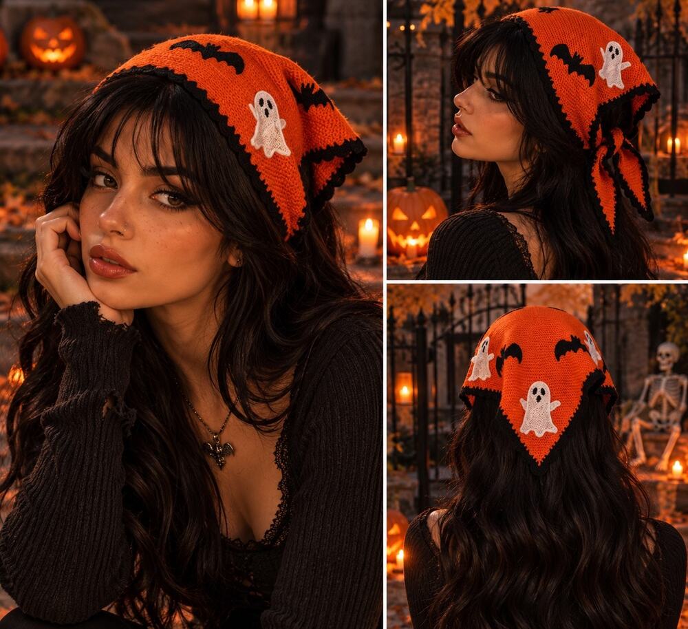 Crochet Headscarf O/S Goth Bats Ghosty Spooky Halloween Autumn Witchy Whimsigoth